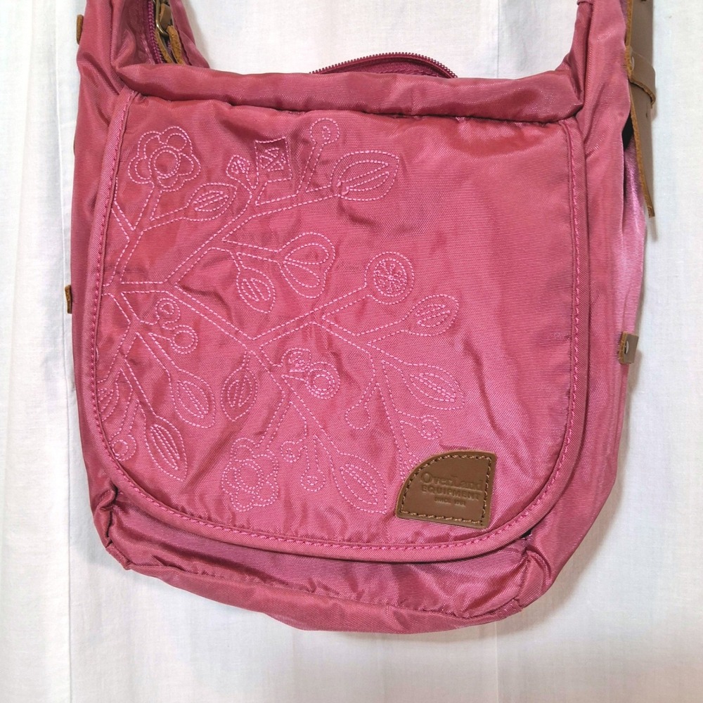 Overland Equipment Pink Nylon Embroidered Floral Crossbody Messenger Bag Leather